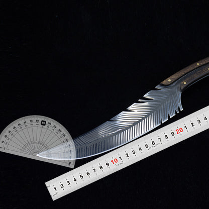 Decorative curved blade with measurement tools on a black background