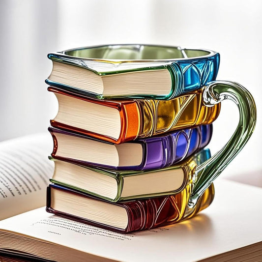 Colorful glass mug designed like a stack of books on an open book