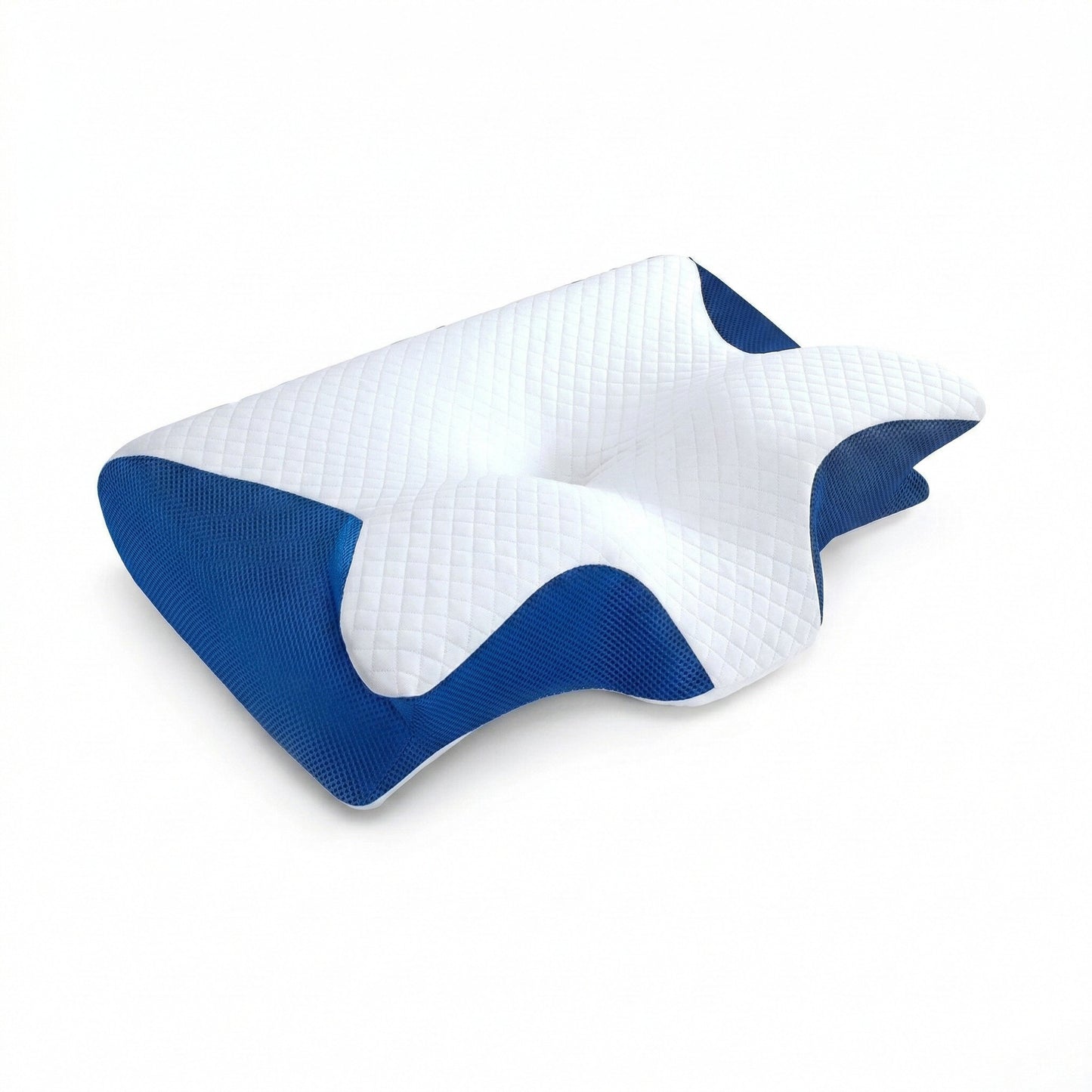 White and blue neck pillow on a white background