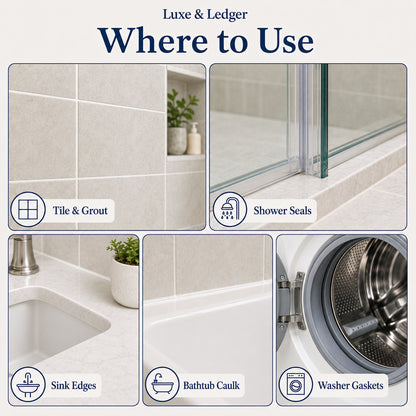 An informational graphic titled 'Luxe & Ledger Where to Use' showing five application areas: tile and grout, shower seals, sink edges, bathtub caulking, and washer gaskets. Each panel contains a small photo of the product in use on a bathroom surface or shower area, with a circular icon and label underneath.