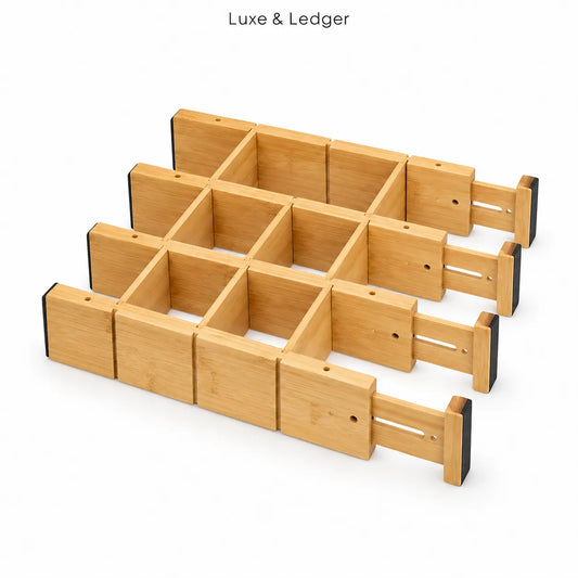 Four light natural wood drawer organizers arranged in a staggered grid on a white background, with the text 'Luxe & Ledger' printed at the top.