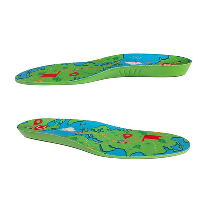 Colorful children's shoe insoles with animal designs on a white background