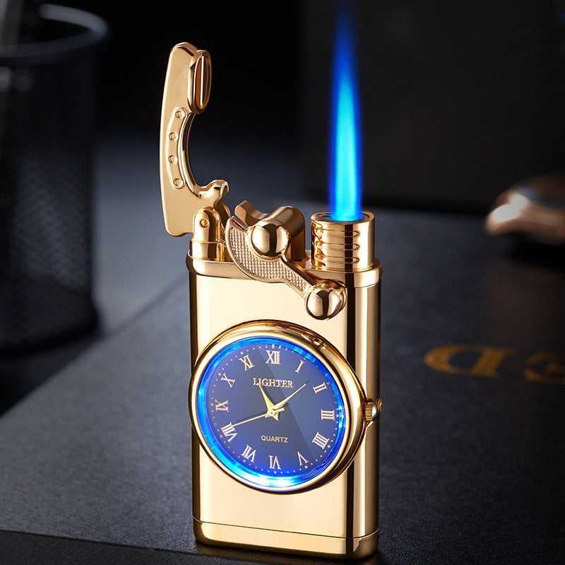 Gold lighter with clock face and blue flame on a dark surface