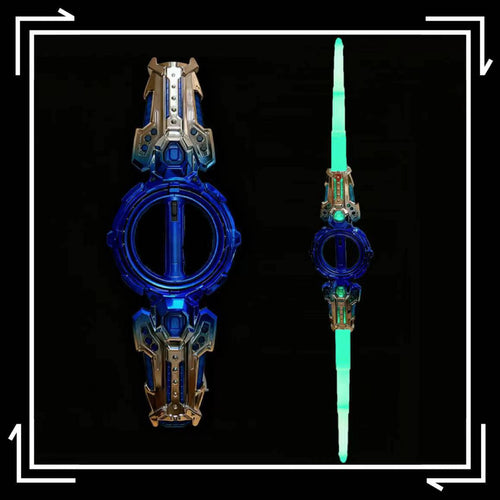 Two futuristic blue and green weapons on a black background