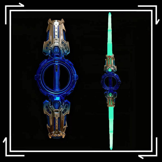 Two futuristic blue and green weapons on a black background