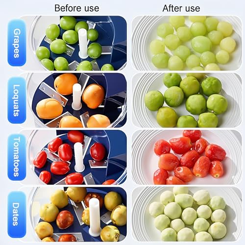 Before and after use comparison of a fruit and vegetable cleaner on grapes, loquats, tomatoes, and dates.