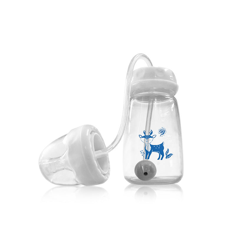 Baby bottle with a blue deer design on a white background