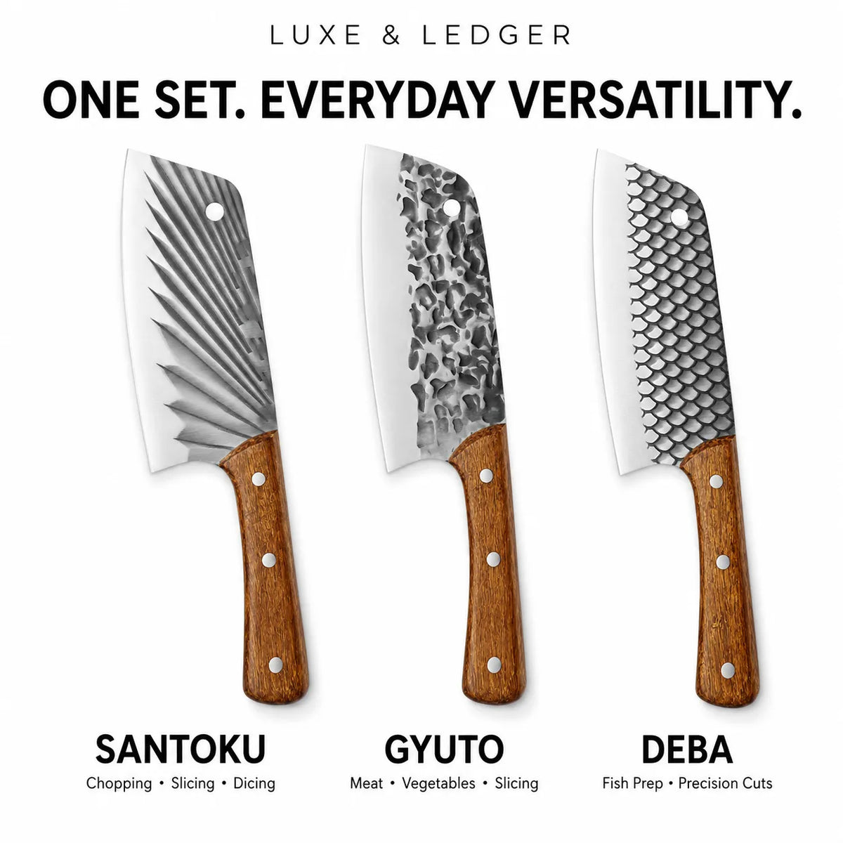 Three kitchen knives from Luxe & Ledger displayed side by side on a white background, labeled Santoku, Gyuto, and Deba, with text above reading 'ONE SET. EVERYDAY VERSATILITY.