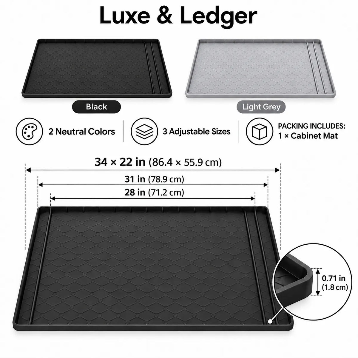 A cabinet mat shown on a white background with text labels for black and light grey options, plus dimensions and feature icons. The main product shown is a rectangular black mat with a textured surface and raised edges.
