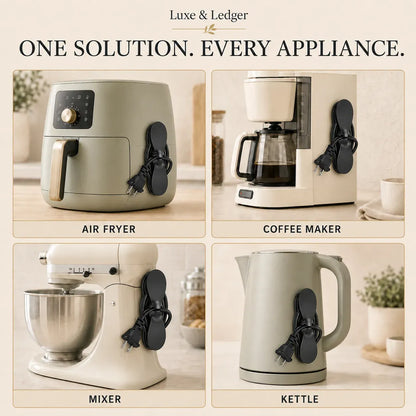 A promotional collage showing four countertop appliances in a coordinated cream and sage colorway: an air fryer, a coffee maker, a stand mixer, and a kettle. Each appliance is shown with a black cord clip holding its power cord.