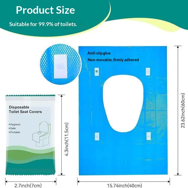 Disposable toilet seat cover with packaging and dimensions on a green background