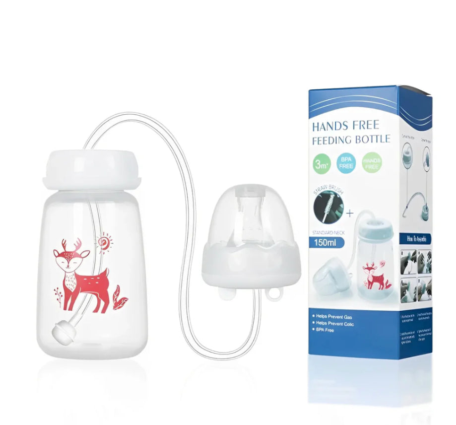 Hands-free feeding bottle with packaging on a white background