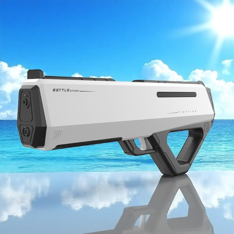 White and black toy gun with 'BATTLE GUN' branding against a blue sky and ocean background