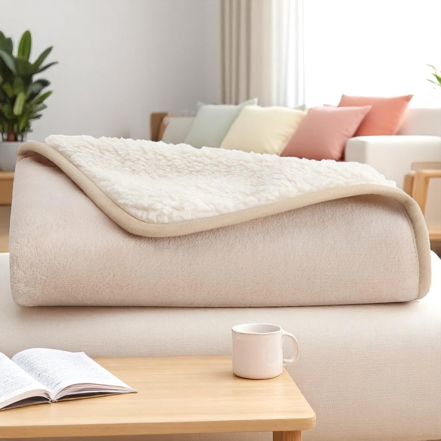 Beige blanket draped over a sofa with a coffee cup and book on a table in a cozy living room.