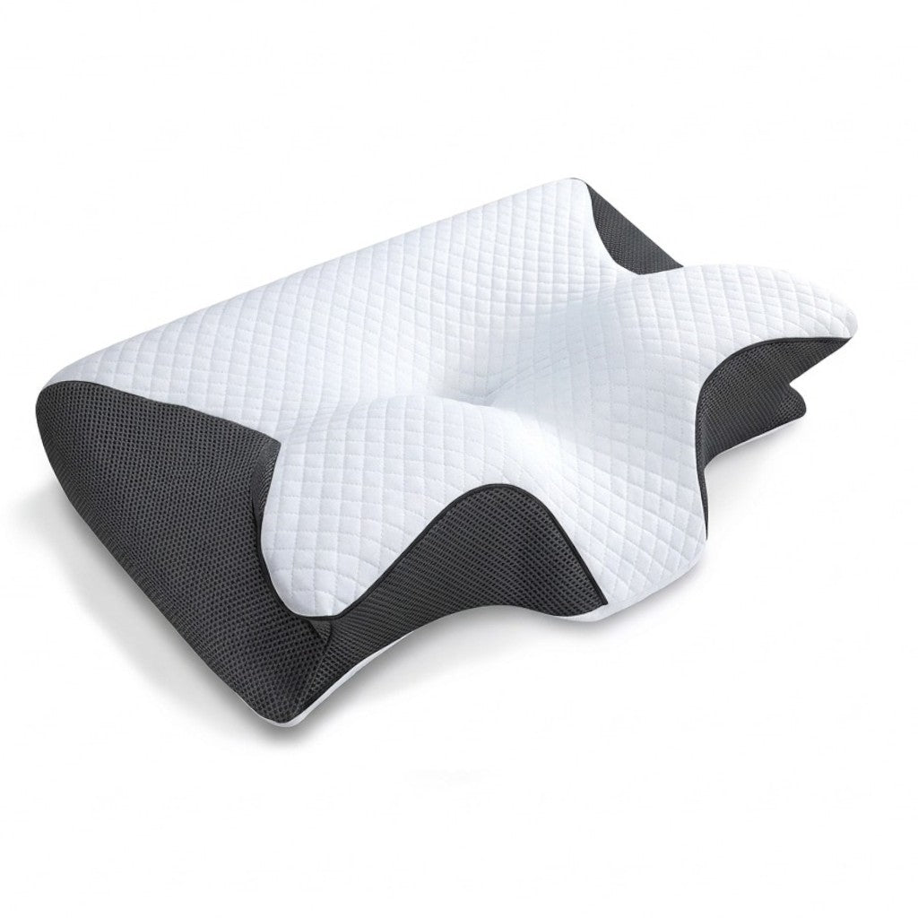 White and black pillow on a white background