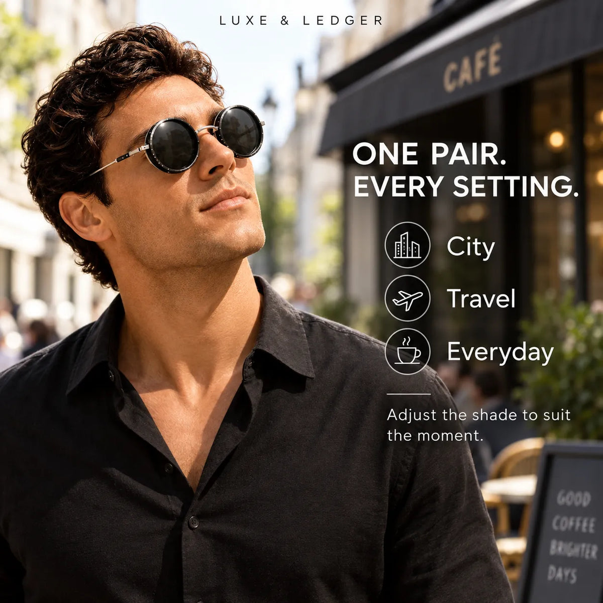 A man wearing round black sunglasses with thin silver metal rims and a black button-down shirt, standing outdoors in front of a cafe storefront. Text on the image reads 'LUXE & LEDGER' and 'ONE PAIR.