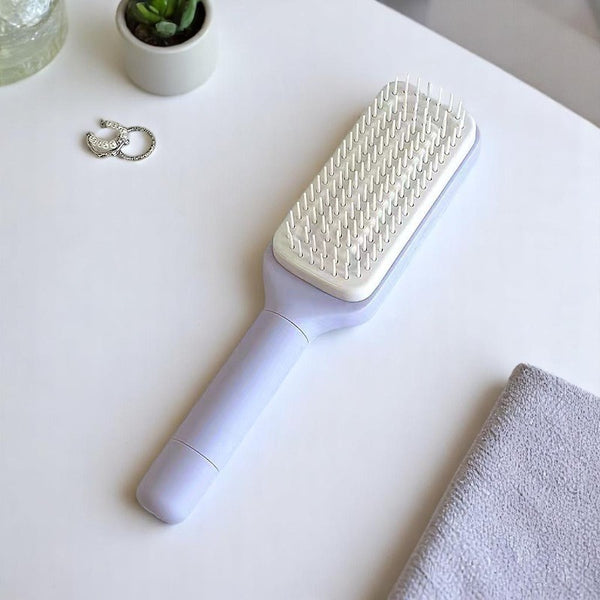 Two self-cleaning hair brushes in black and purple colors, with an additional inset showing the brush's bristles.