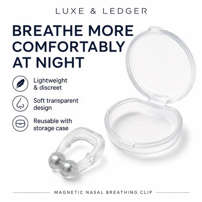 Magnetic nasal breathing clip shown open and closed with text callouts on a white background. The image includes the brand name Luxe & Ledger and marketing text about lightweight, discreet, soft transparent design, and reusable with storage case.