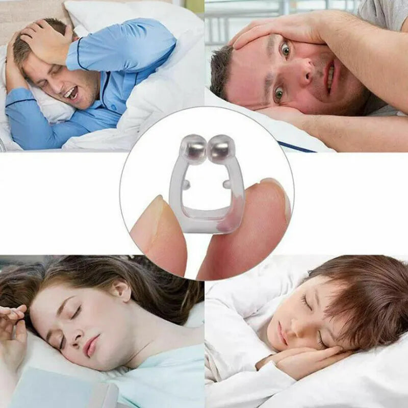 A collage showing people sleeping uncomfortably in bed, with a central circular inset displaying a small clear silicone ear plug with two metallic silver beads.