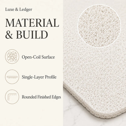 Material and build infographic for a Luxe & Ledger mat, showing a close-up of an off-white open-coil mesh texture with a circular inset and feature icons for open-coil surface, single-layer profile, and rounded finished edges.