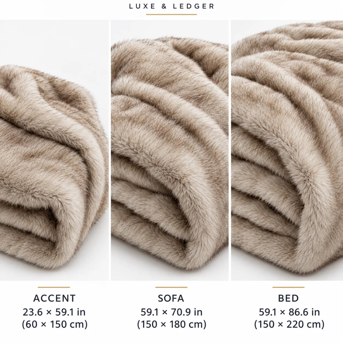 Three panels show folded plush faux-fur or mink-style bedding in different sizes: accent, sofa, and bed. The top reads 'LUXE & LEDGER,' and the bottom lists dimensions for each size.