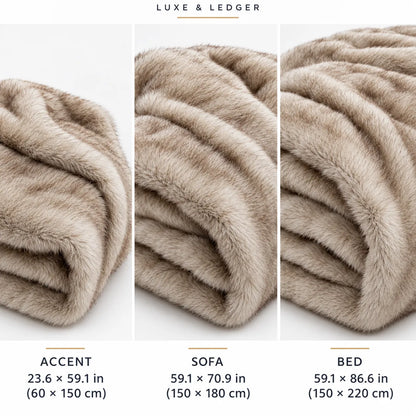 Three panels show folded plush faux-fur or mink-style bedding in different sizes: accent, sofa, and bed. The top reads 'LUXE & LEDGER,' and the bottom lists dimensions for each size.