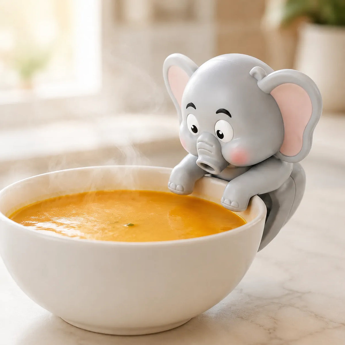 A cute gray elephant-shaped ladle with pink ears and a trunk, shown lifting orange soup from a white bowl on a light marble surface.