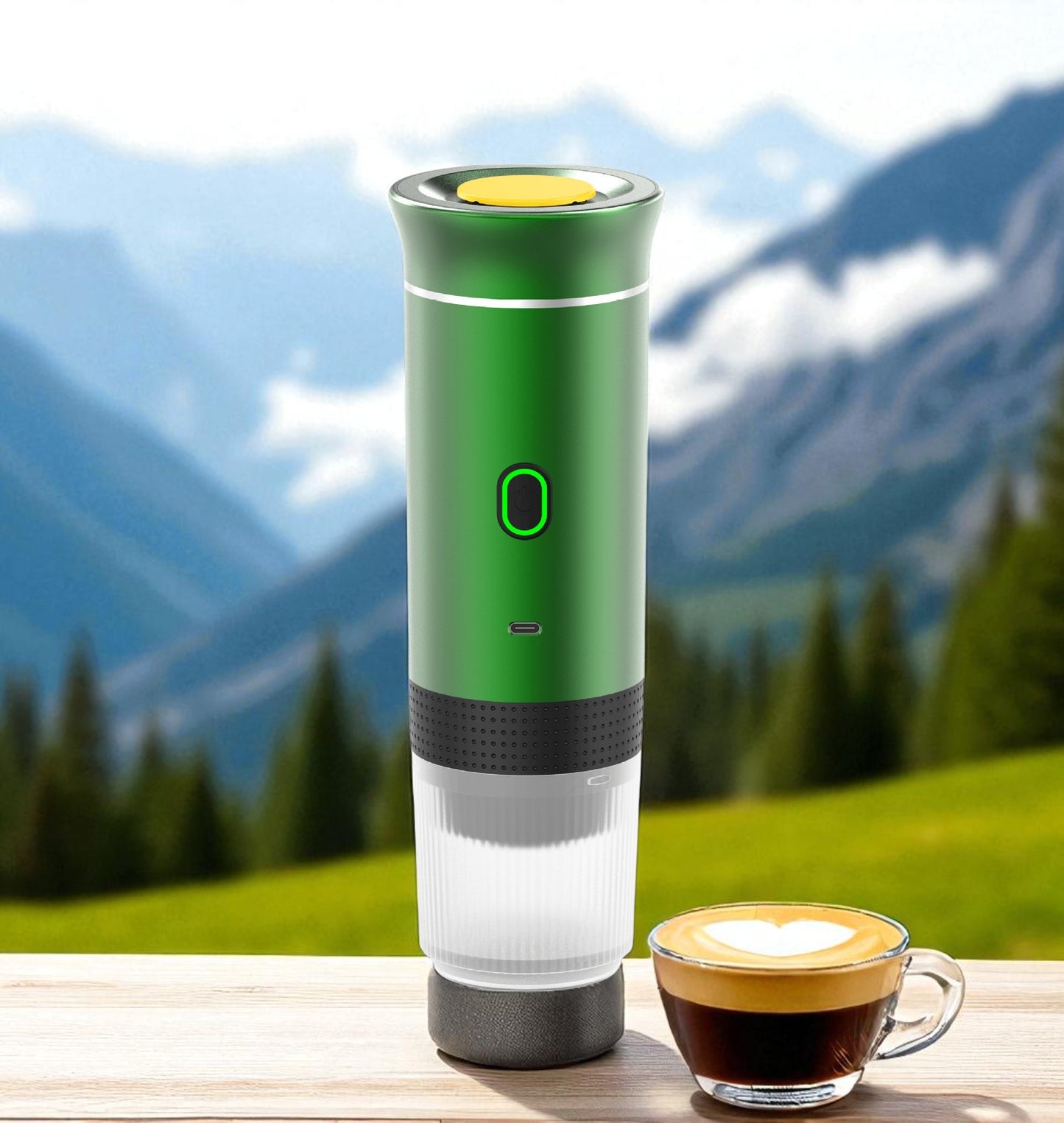Green coffee maker on a wooden surface with a scenic mountain background