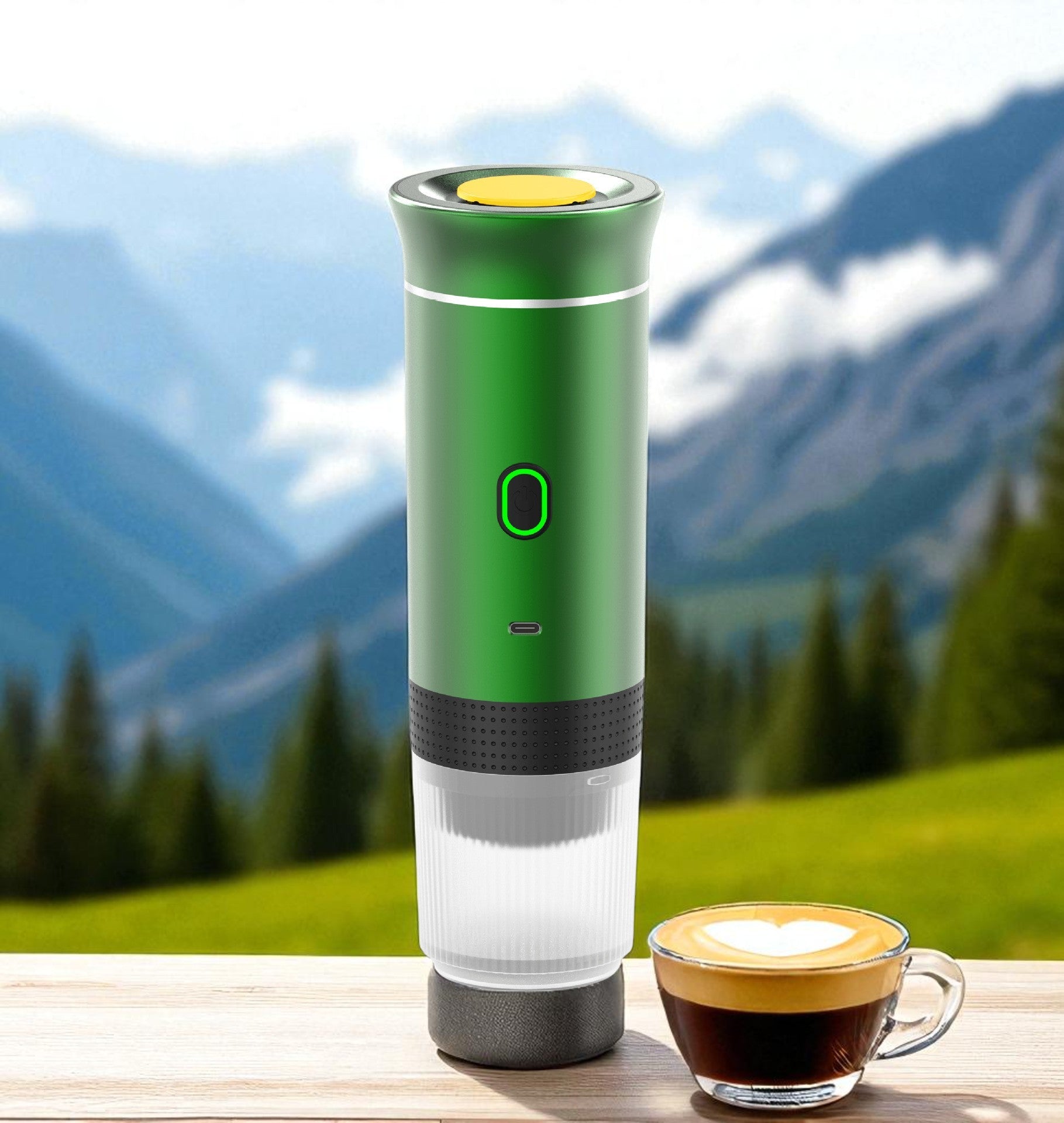 Green coffee maker on a wooden surface with a scenic mountain background