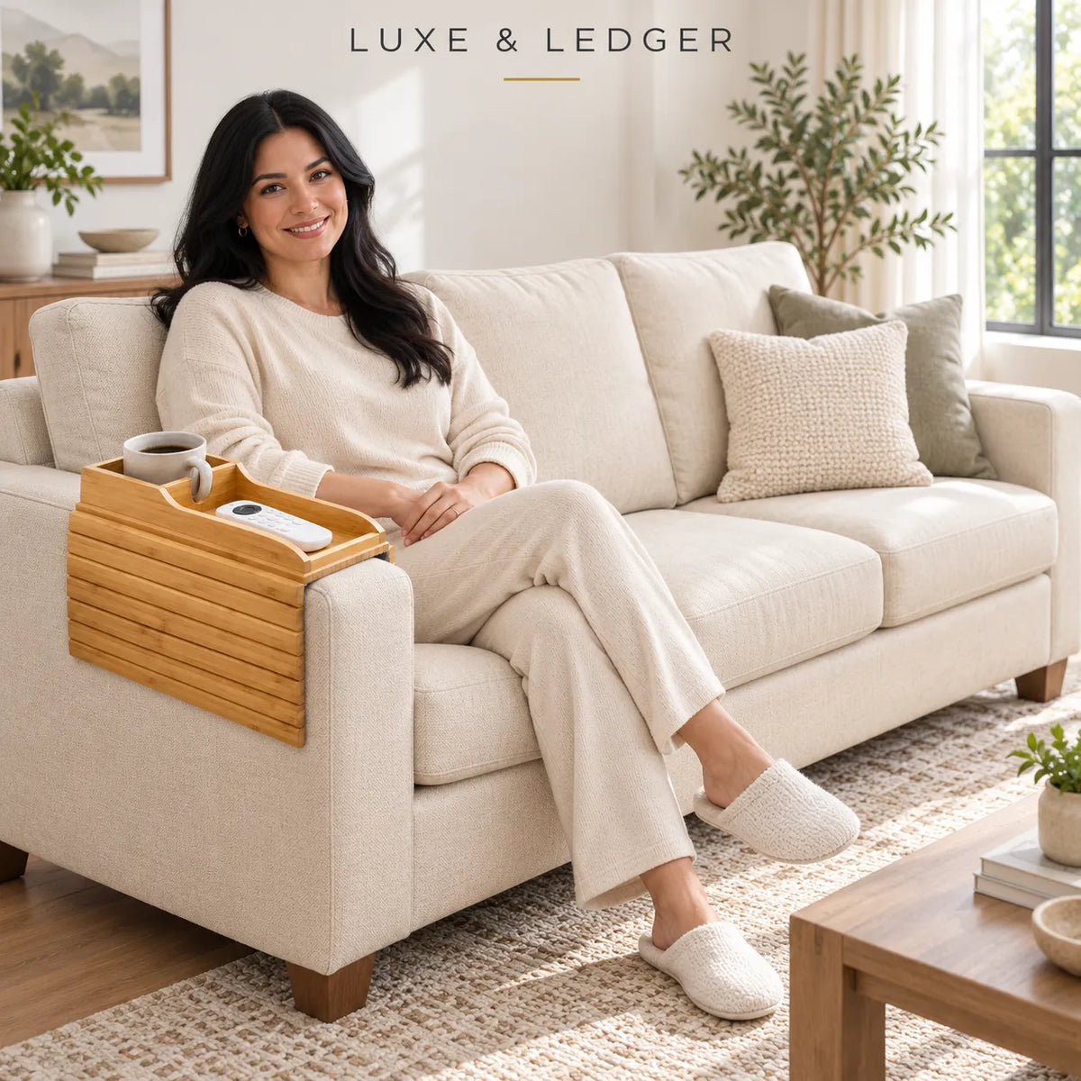 A woman in a cream lounge set sits on a light beige sofa in a bright living room, with a bamboo tray resting on the armrest. The text 'LUXE & LEDGER' appears at the top.