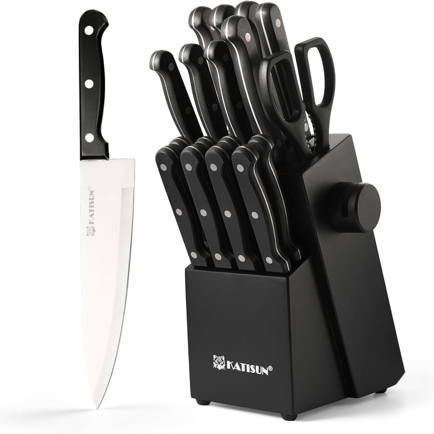 Set of black knives with a knife block on a white background, featuring the brand 'Katisun'.