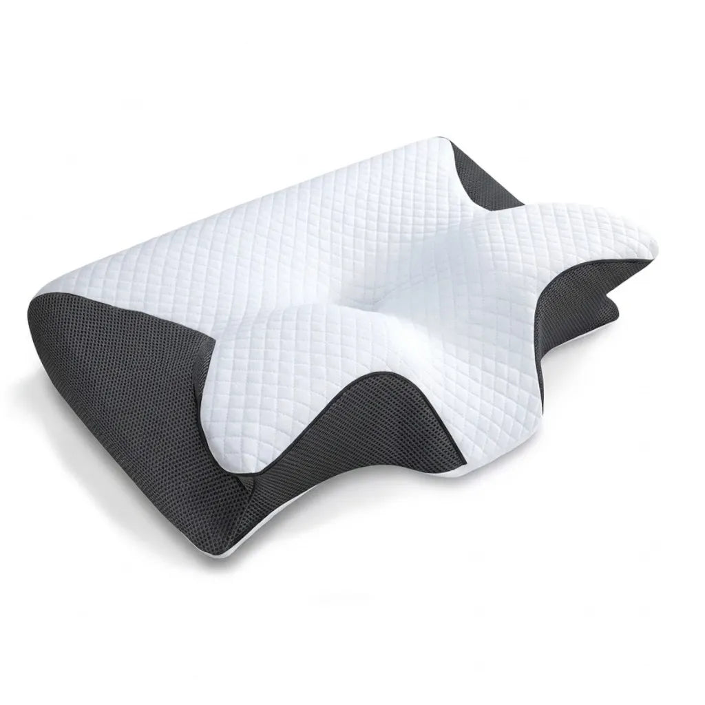 White and black pillow on a white background