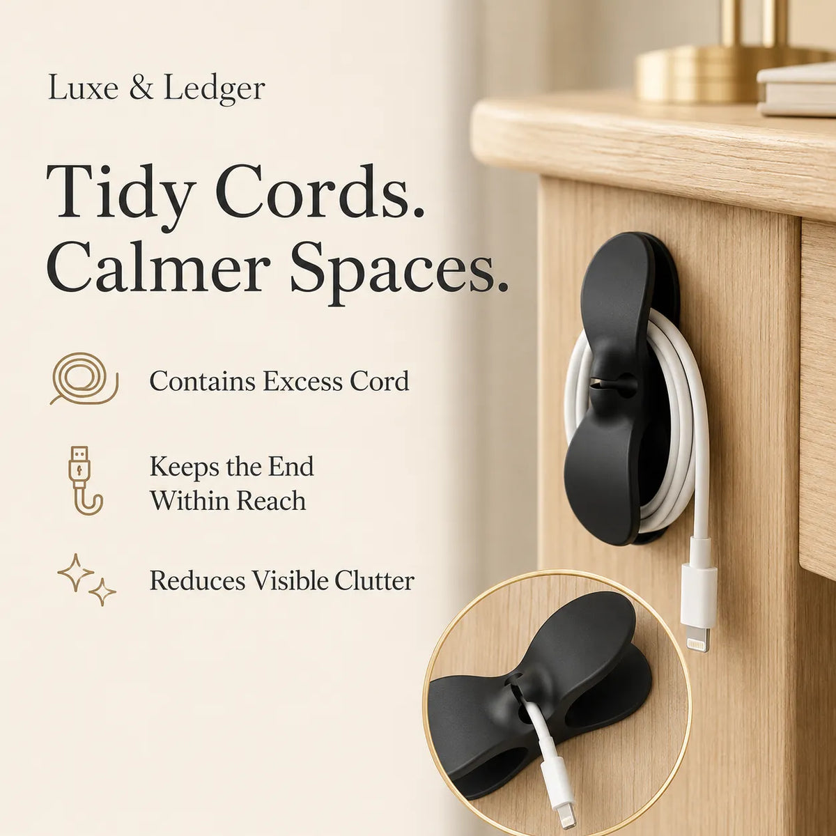 A black Luxe & Ledger cable tie-down hook mounted on a light wood drawer corner, holding a white coiled cable. The image includes marketing text on the left, a circular inset showing the hook closed, and a clean beige background.