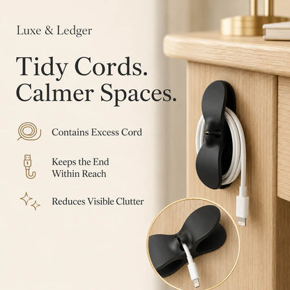 A black Luxe & Ledger cable tie-down hook mounted on a light wood drawer corner, holding a white coiled cable. The image includes marketing text on the left, a circular inset showing the hook closed, and a clean beige background.
