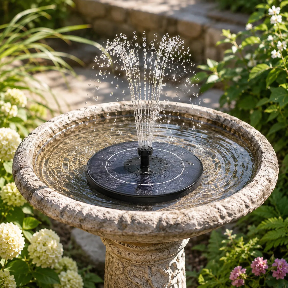 A round stone garden fountain with a central black solar pump and water spraying upward, set in a lush green garden with flowers and a stone path in the background.