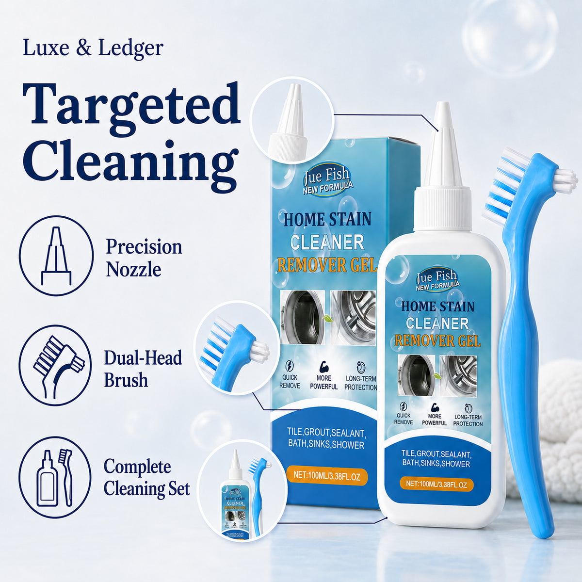 Joe Fish New Bedford Home Stain Cleaner Remove Gel kit with a white squeeze bottle, blue box, blue dual-head brush, and blue cleaning nozzle, shown on a light blue background with marketing callouts.