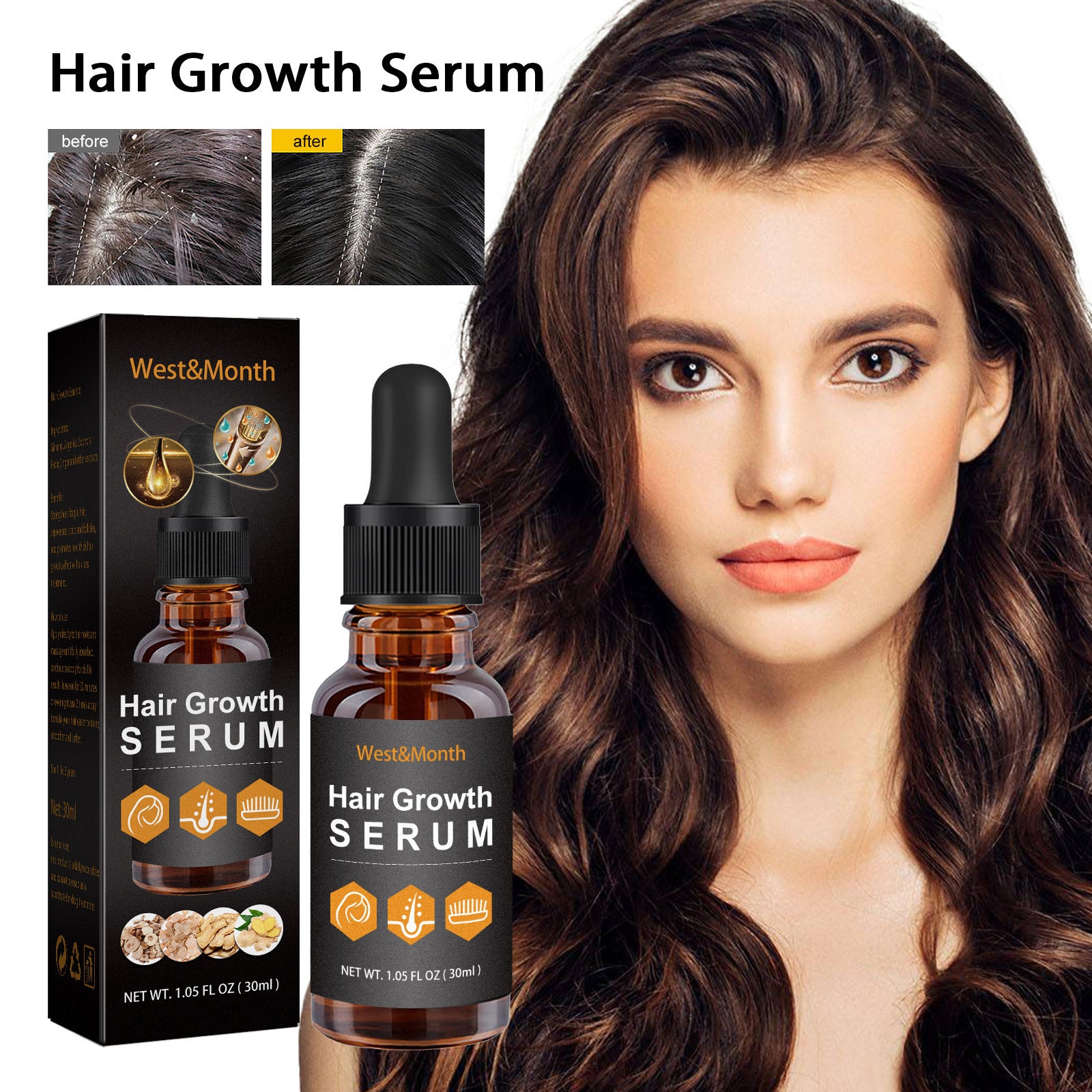 Hair growth serum with bottle, packaging, and woman with long hair.
