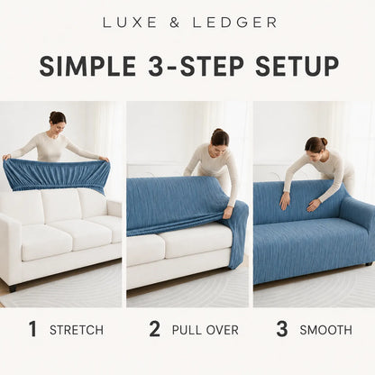 Instructional graphic showing a blue slipcover being fitted onto a white sofa in three steps: stretch, pull over, and smooth. The image includes the text 'LUXE & LEDGER' and 'SIMPLE 3-STEP SETUP' on a clean white background.