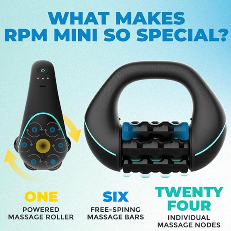 Black massage tool with text explaining its features on a light blue background
