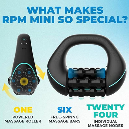 Black massage tool with text explaining its features on a light blue background