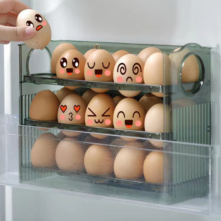 Egg holder with cartoon face designs on eggs inside a refrigerator.