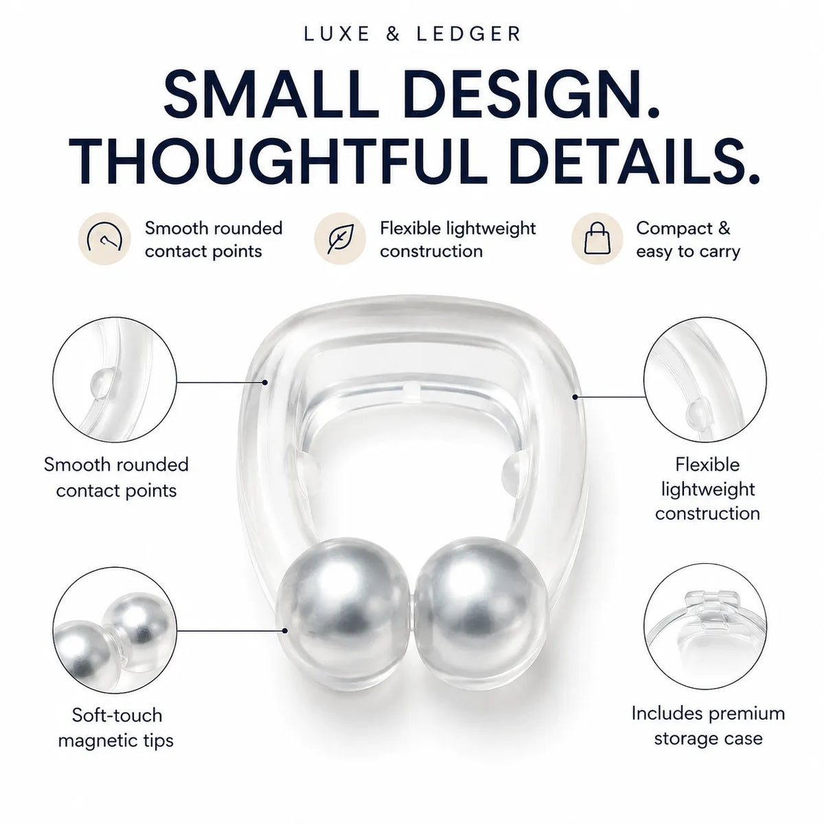 Clear and silver magnetic earbud case with callout details on a white background, including smooth rounded contact points, flexible lightweight construction, compact easy-to-carry design, soft-touch magnetic tips, and premium storage case.