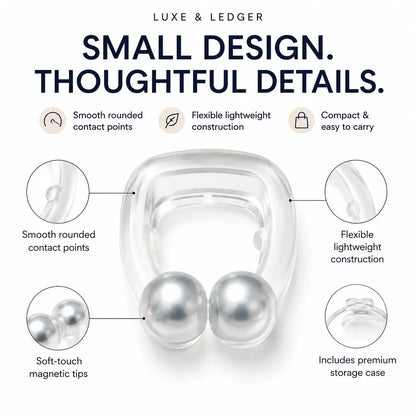 Clear and silver magnetic earbud case with callout details on a white background, including smooth rounded contact points, flexible lightweight construction, compact easy-to-carry design, soft-touch magnetic tips, and premium storage case.