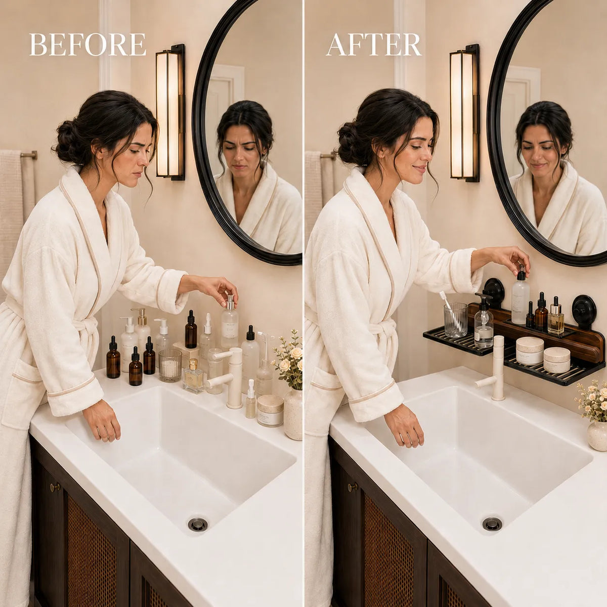 A side-by-side bathroom comparison labeled BEFORE and AFTER. On the left, a woman in a white robe stands at a sink with skincare bottles around it.