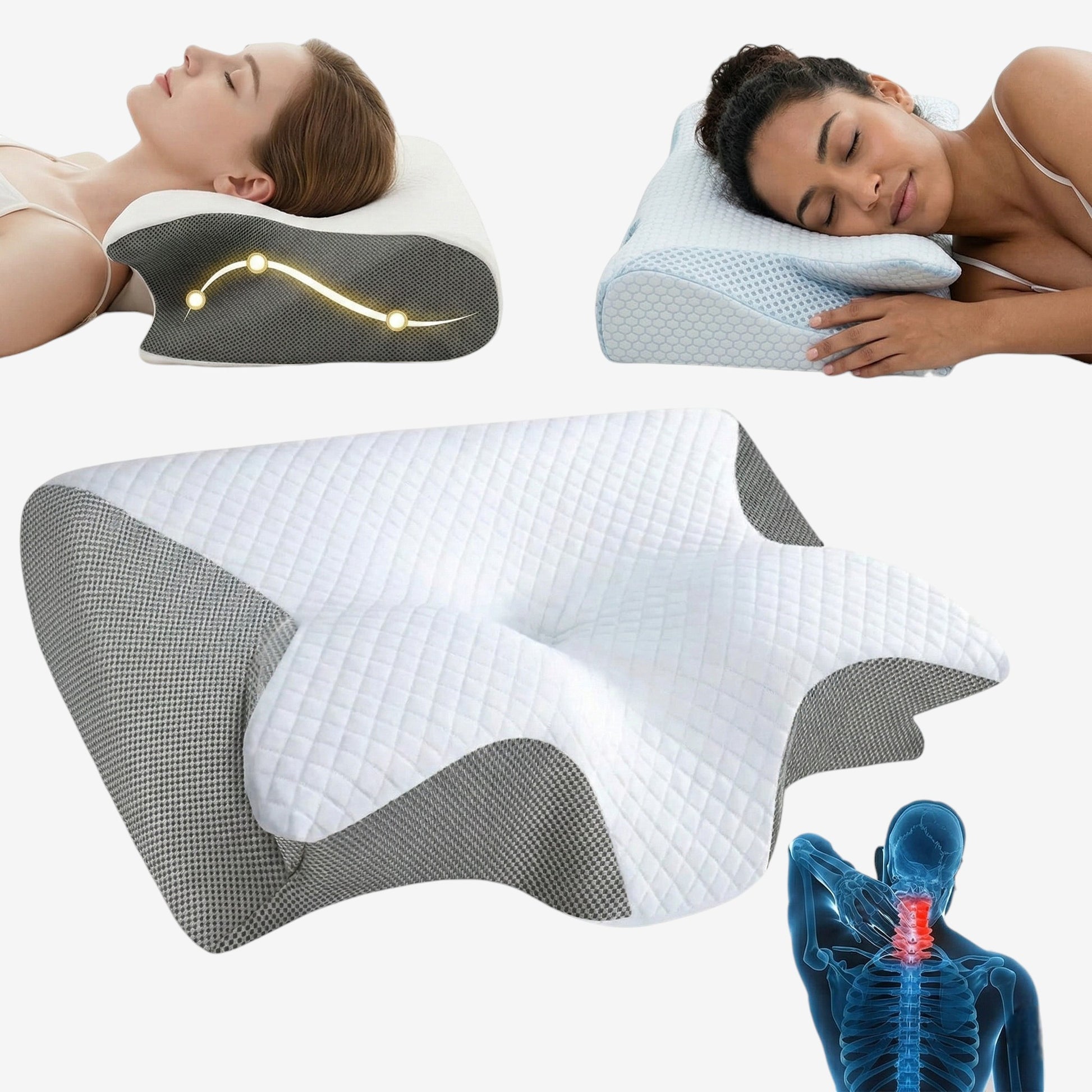 Two people using ergonomic pillows with a close-up of a pillow and a skeleton diagram.