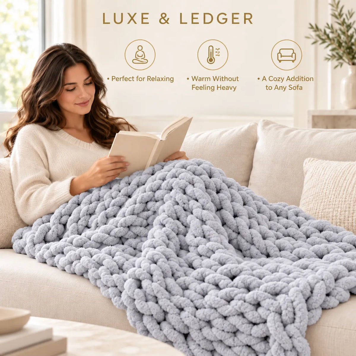 A woman relaxes on a cream sofa reading a book, covered with a chunky knit light blue blanket. The scene includes marketing text reading 'LUXE & LEDGER' with three feature icons.