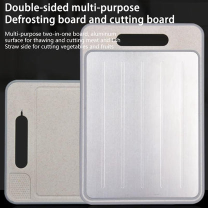 Double-sided multi-purpose defrosting and cutting board with text on a black background