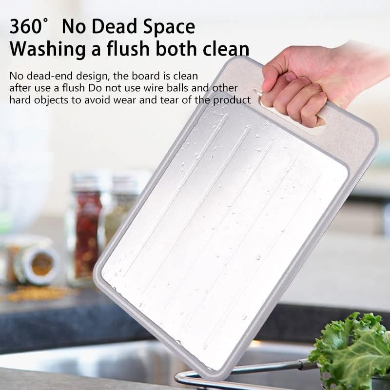 Person holding a cutting board with text about its design and cleaning instructions.