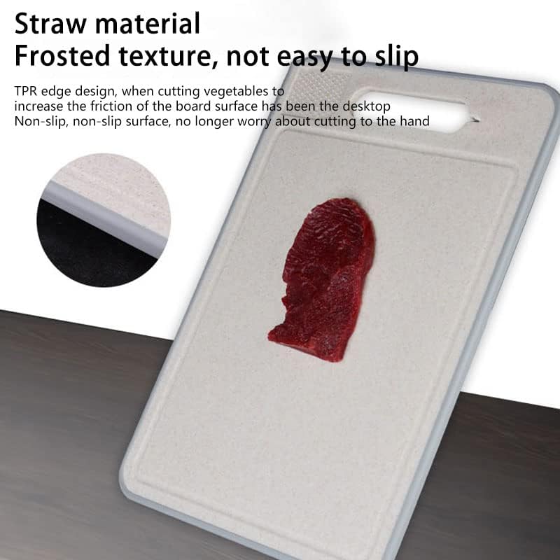 Cutting board with a piece of meat on it, featuring TPR edge design for non-slip surface.