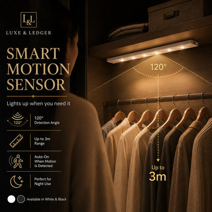 Smart motion sensor light fixture in a closet with Luxe & Ledger branding.